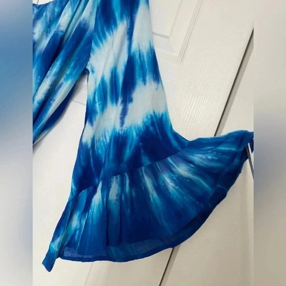 Feathers Women’s Blue Tie Dye Off Shoulder Tie Beachy Midi Dress Bell Sleeves 2X - Picture 3 of 9